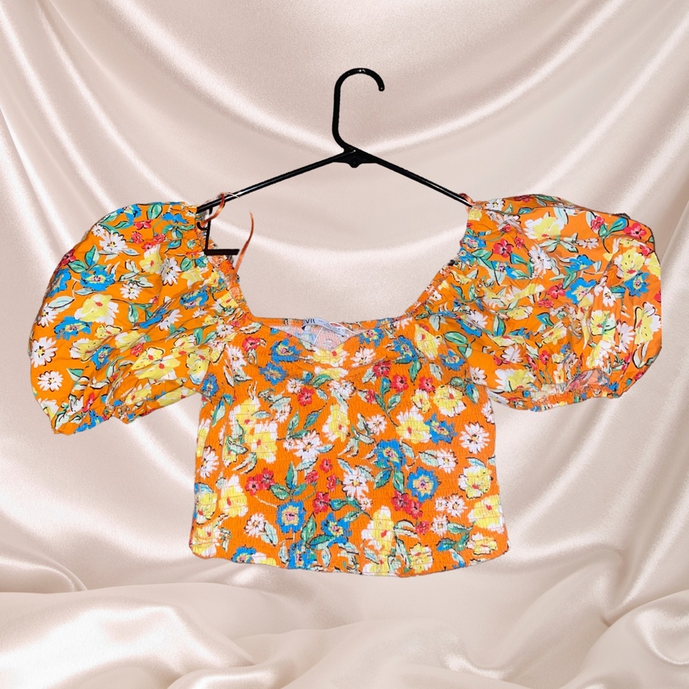 Multi-Color Crop Top with Puffy Shoulder Sleeves